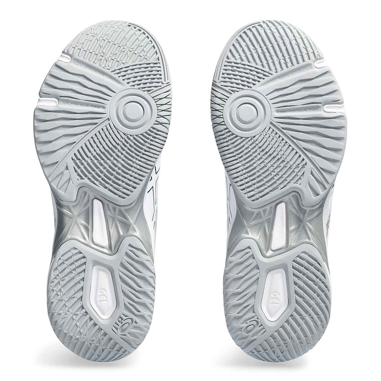 soles of a pair of white Asics Gel-Rocket 11 Indoor Shoes