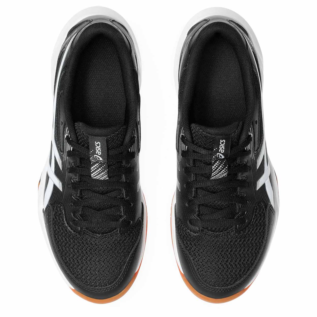 Tops of the black ASICS Gel-Rocket 12 indoor court shoes with white accents on a white background