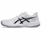 White athletic shoe with black accents on a white background