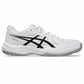 White athletic shoe with black accents on a white background