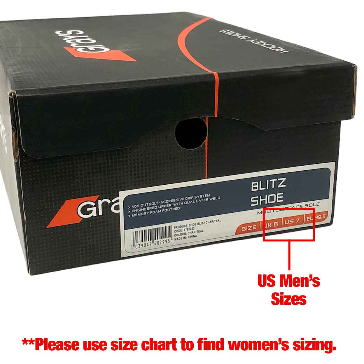 Box of the Grays Blitz Field Hockey Turf Shoes showing men's sizing.