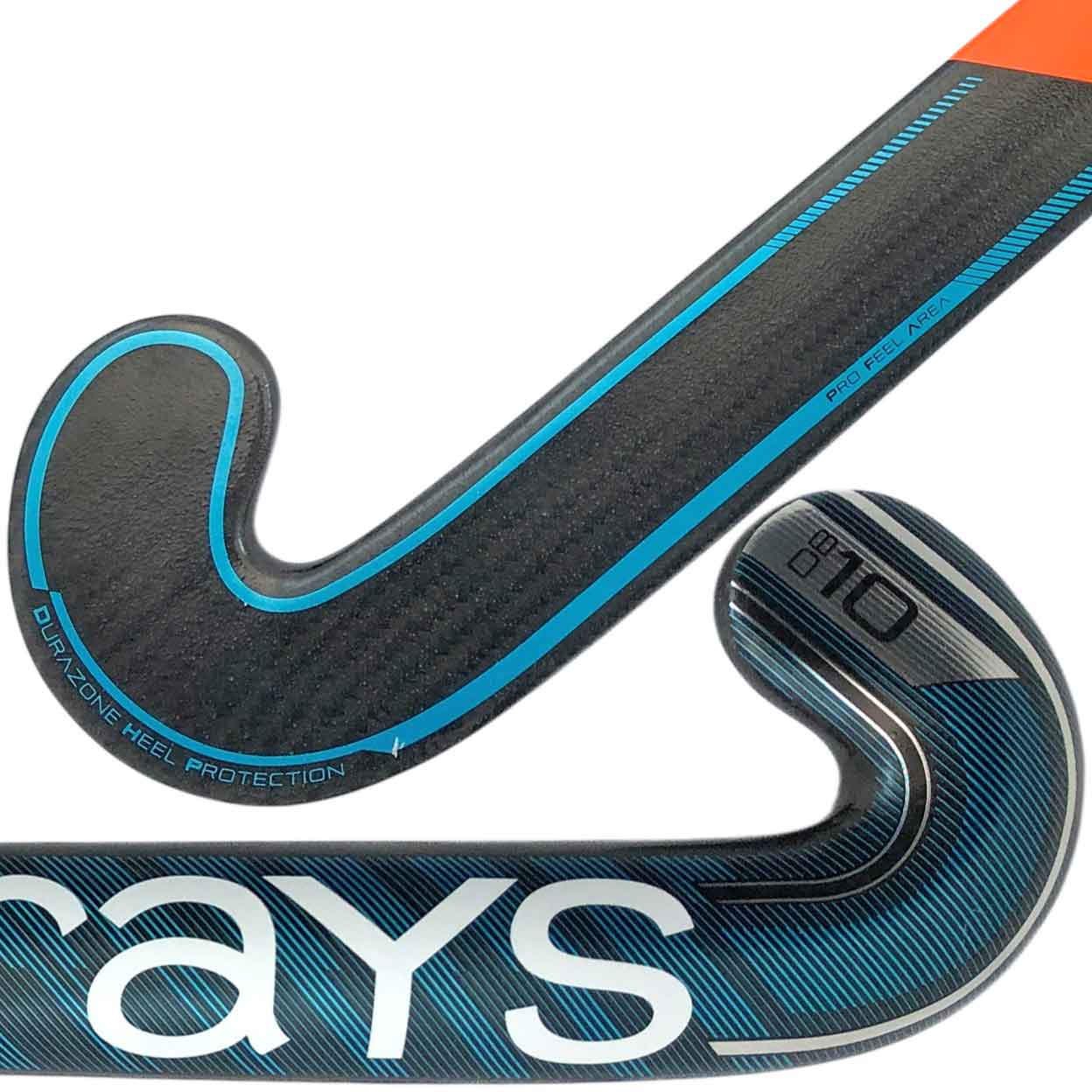 Detail of the toe and heel of the Grays DB10 field hockey stick showing Durazone heel protection and Pro Feel Area text