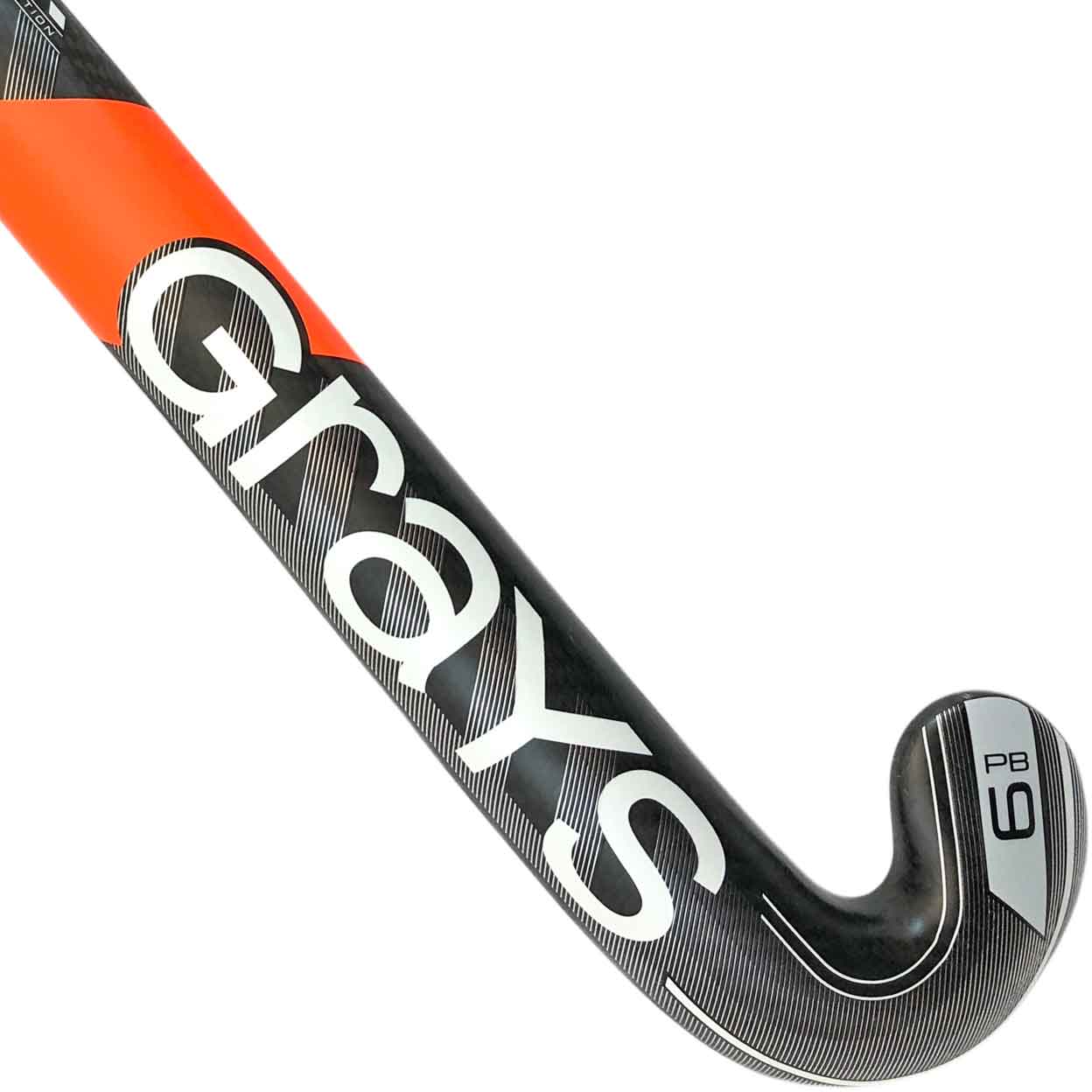 Close-up of the stick head on the Grays PB9 Composite Stick emphasizing the DuraZone heel protection and toe curvature.