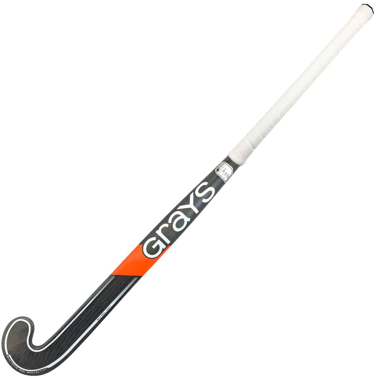 Full front view of the Grays PB9 Composite Field Hockey Stick featuring a black carbon finish with white grip and orange accent.