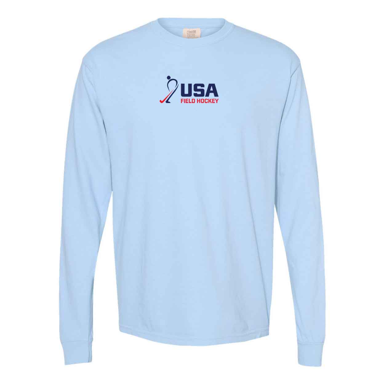 Front of the blue USA Field Hockey Pigment Dyed Long Sleeve Tee