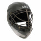 Black carbon field hockey goalie helmet with cage and 'OBO' branding on a white background