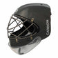 Black carbon fiber hockey goalie mask with cage on a white background