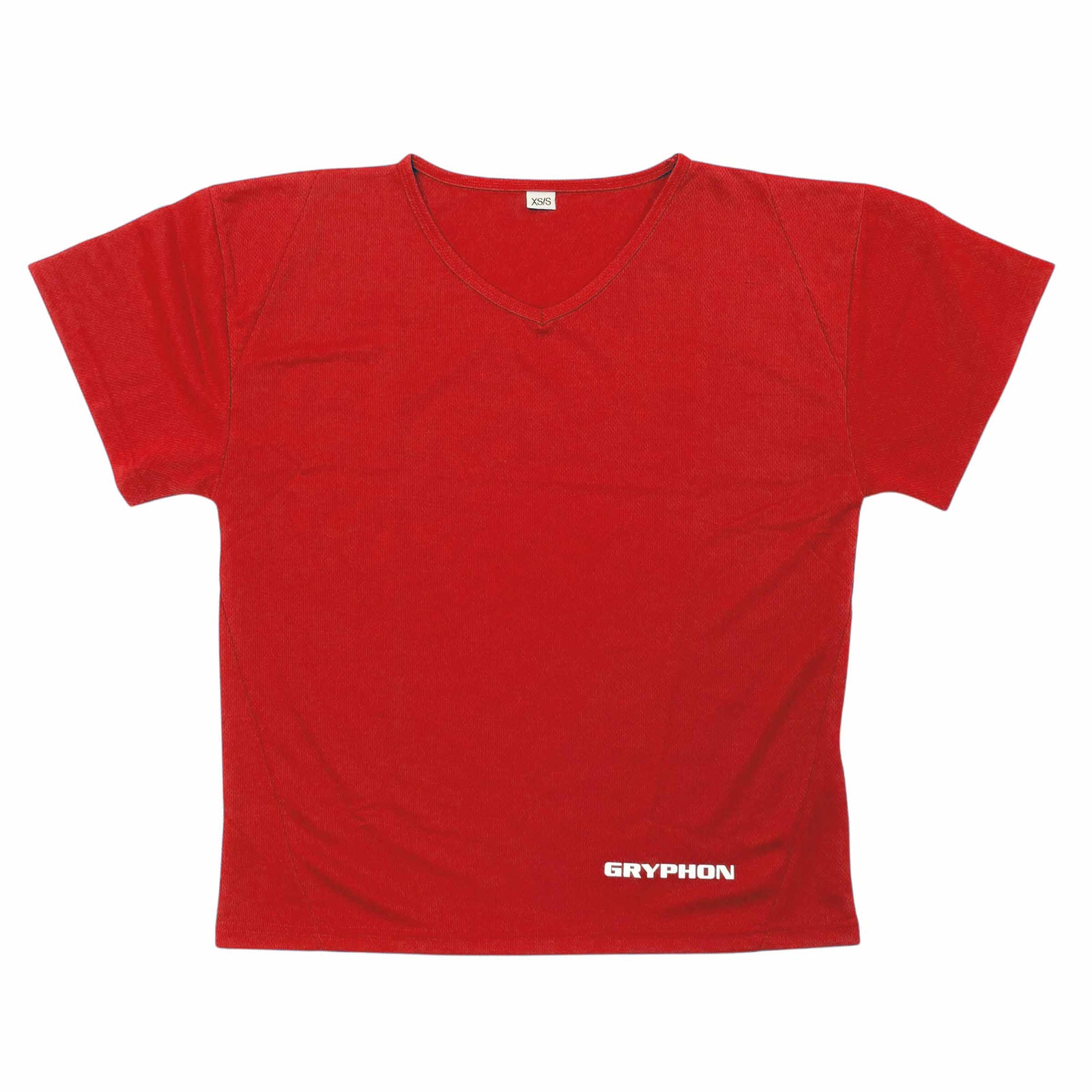 A red V-neck goalkeeping jersey by Gryphon, featuring a plain short-sleeve design and