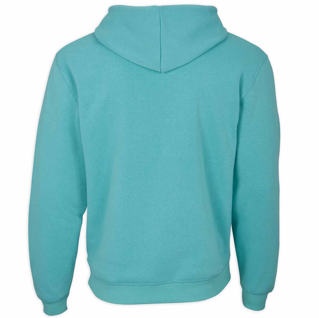 Teal hoodie shown from the back on a white background