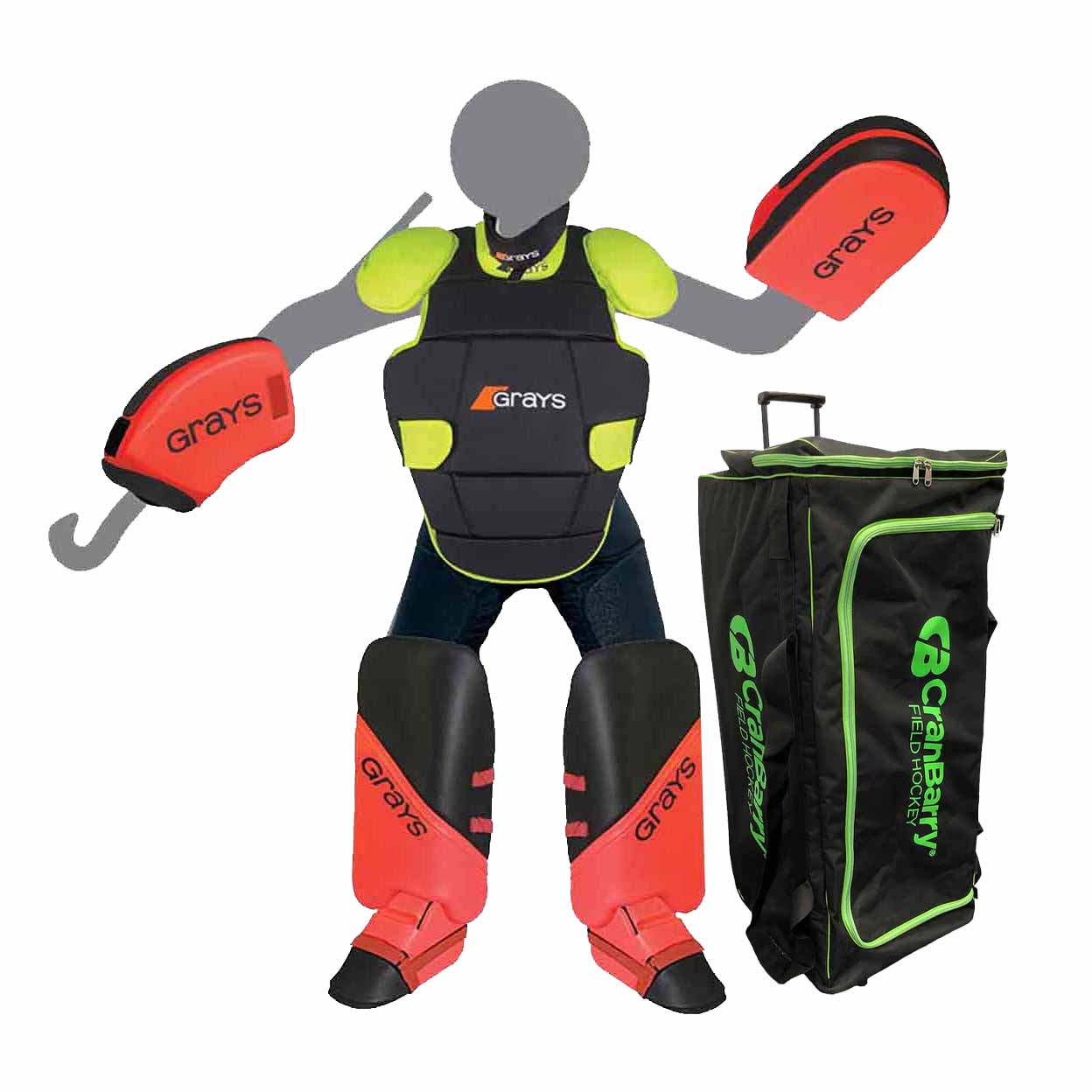 Grays hockey equipment set including body protector, leg guards, and bag on a white background
