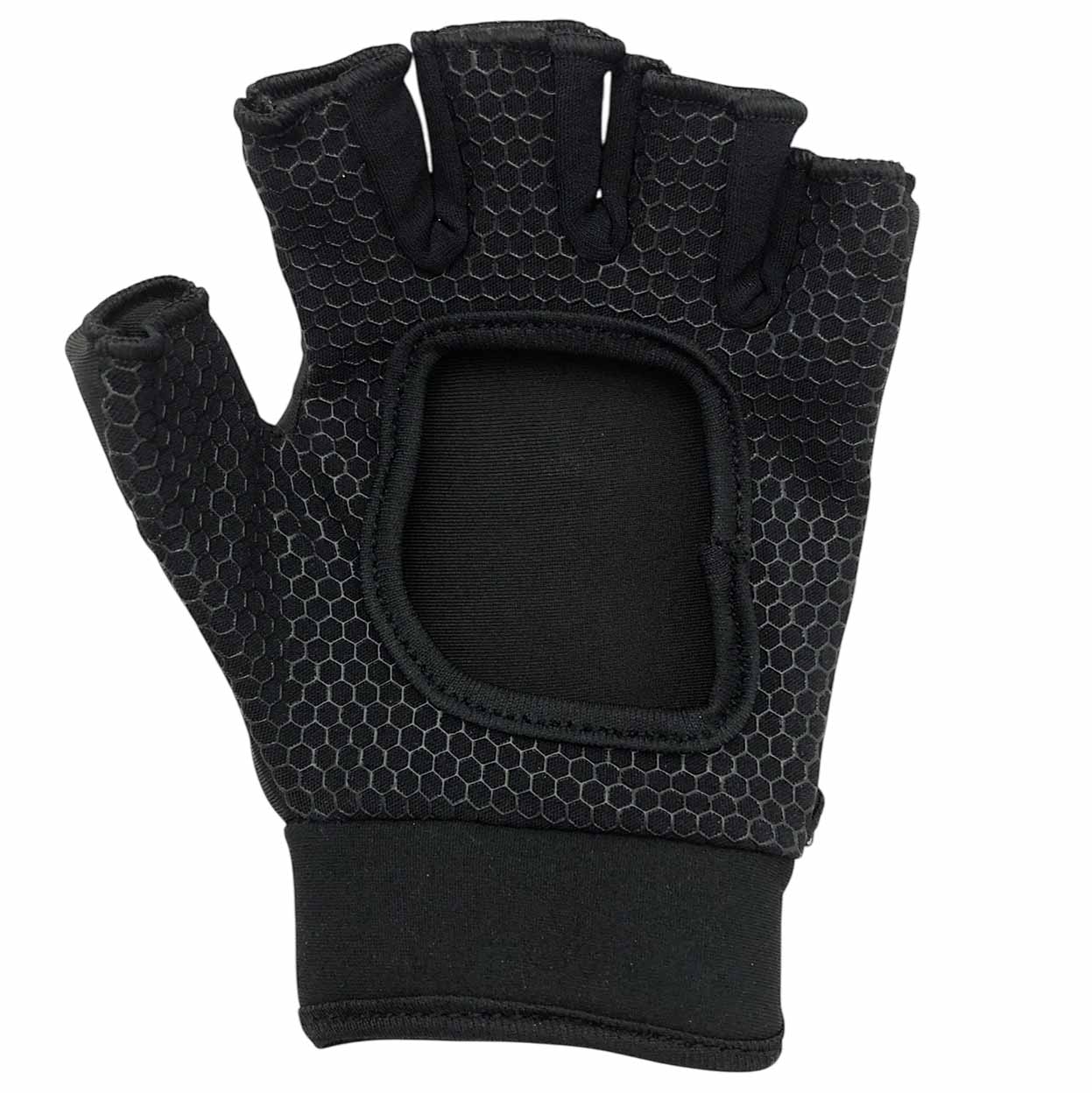 Black half-finger glove with honeycomb pattern on a white background