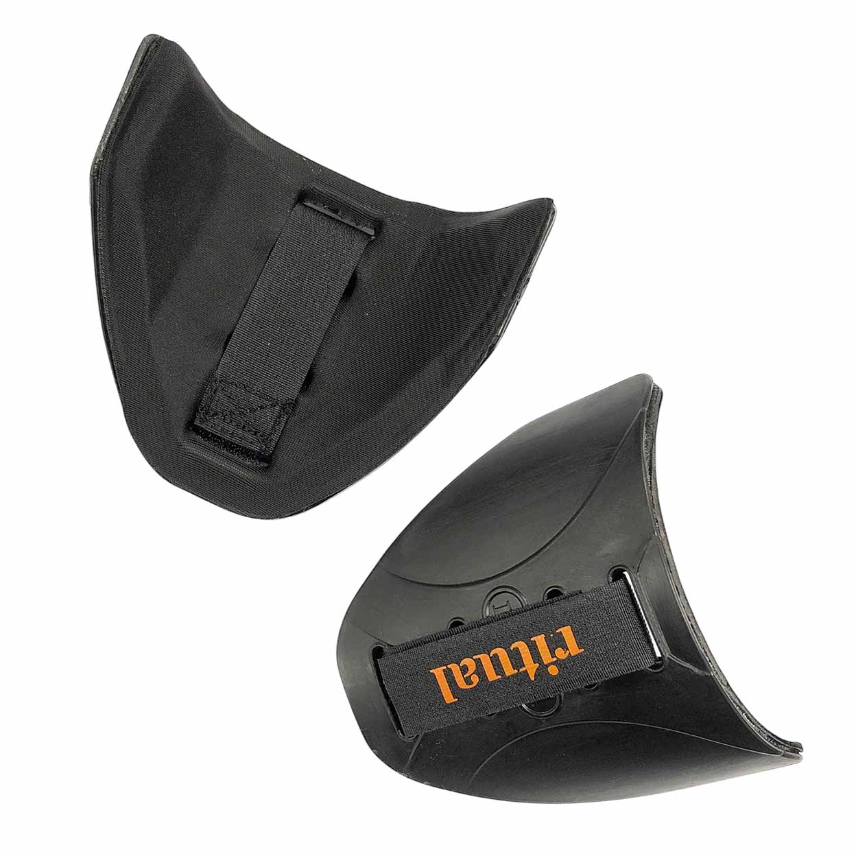 Two black protective archery cheek pads with 'ritual' branding on a white background, with one showing the front and the other showing the back.