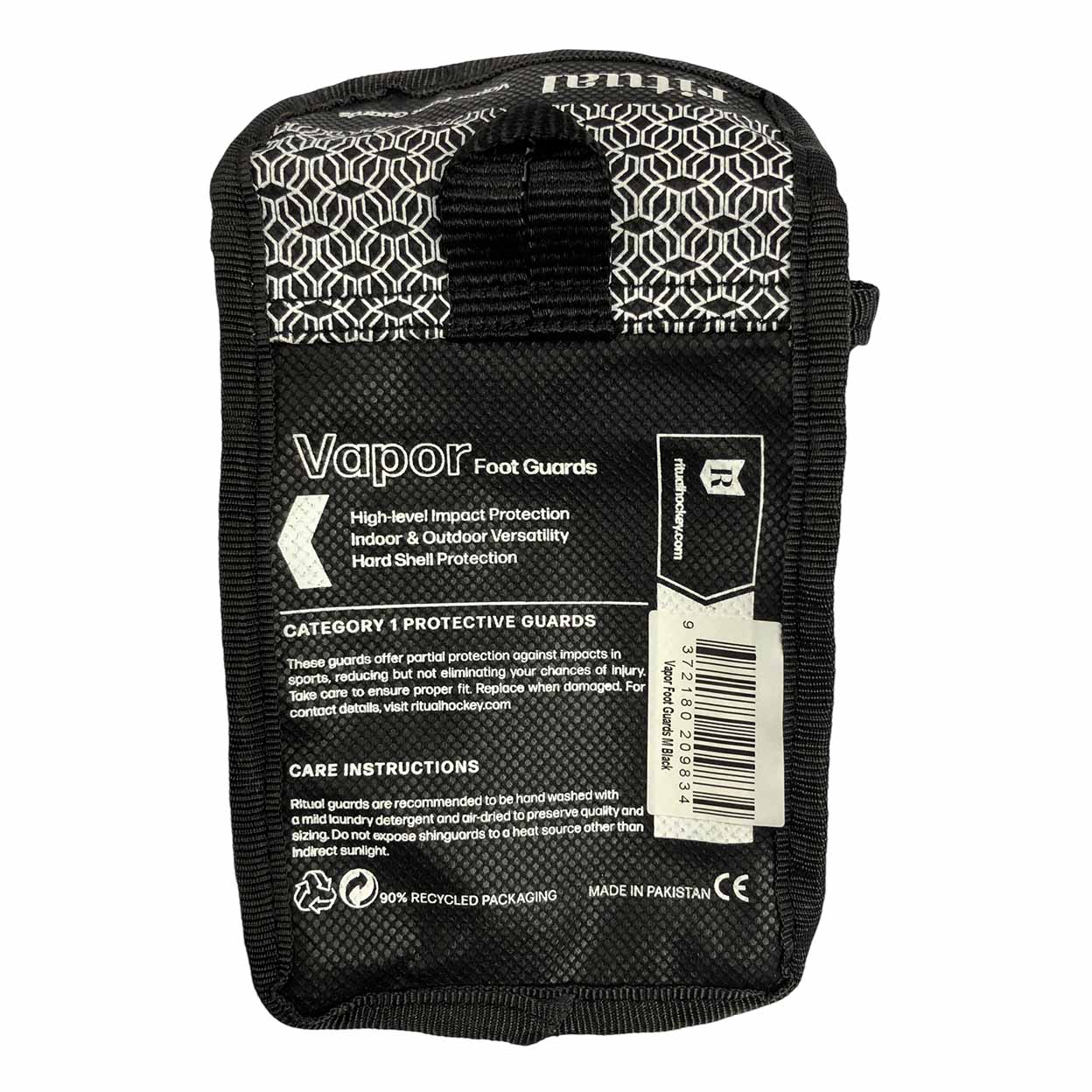 Black packaging of Vapor foot guards with branding and text on a white background