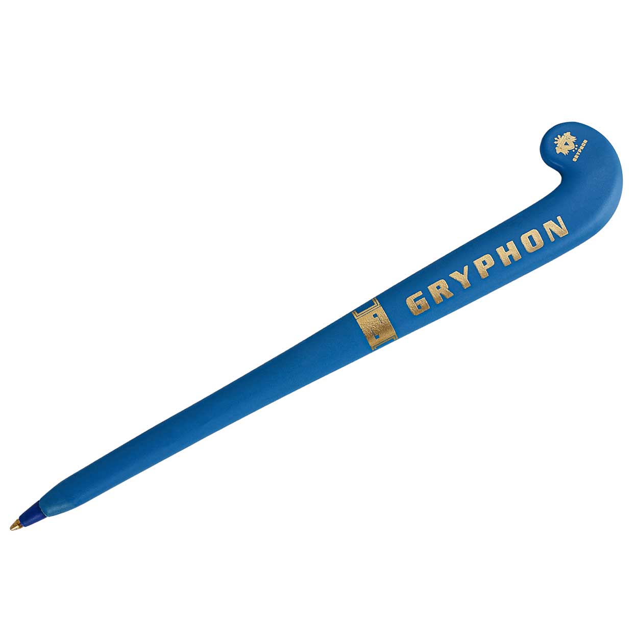 blue field hockey stick pen with the cap off