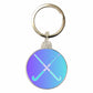 Keychain with crossed field hockey sticks and a gradient blue and purple design on a white background