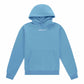 Blue hoodie with a brand logo on a white background