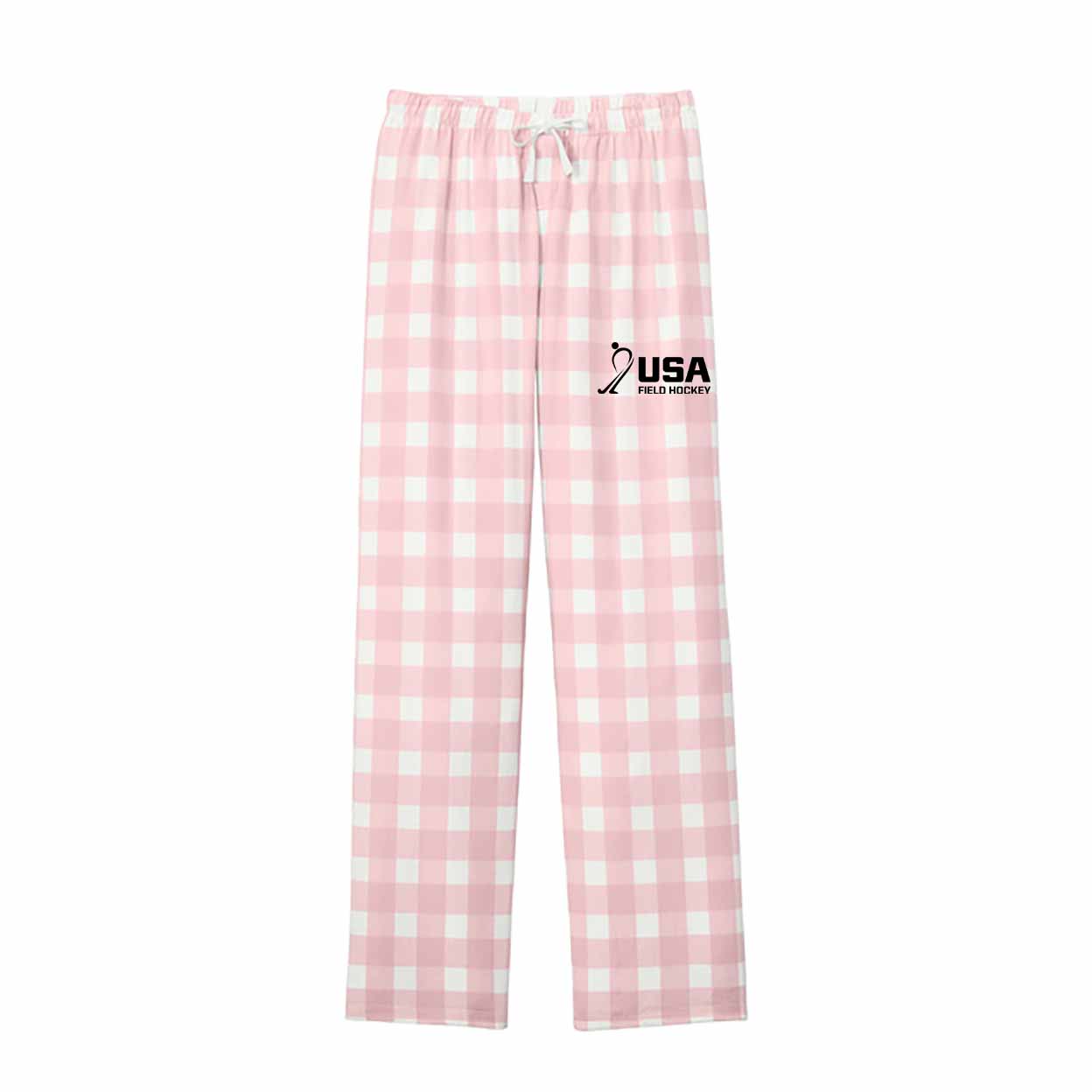 Pink checkered pajama pants with USA logo on a white background