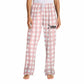 Pink and white checkered pants with a logo on a white background