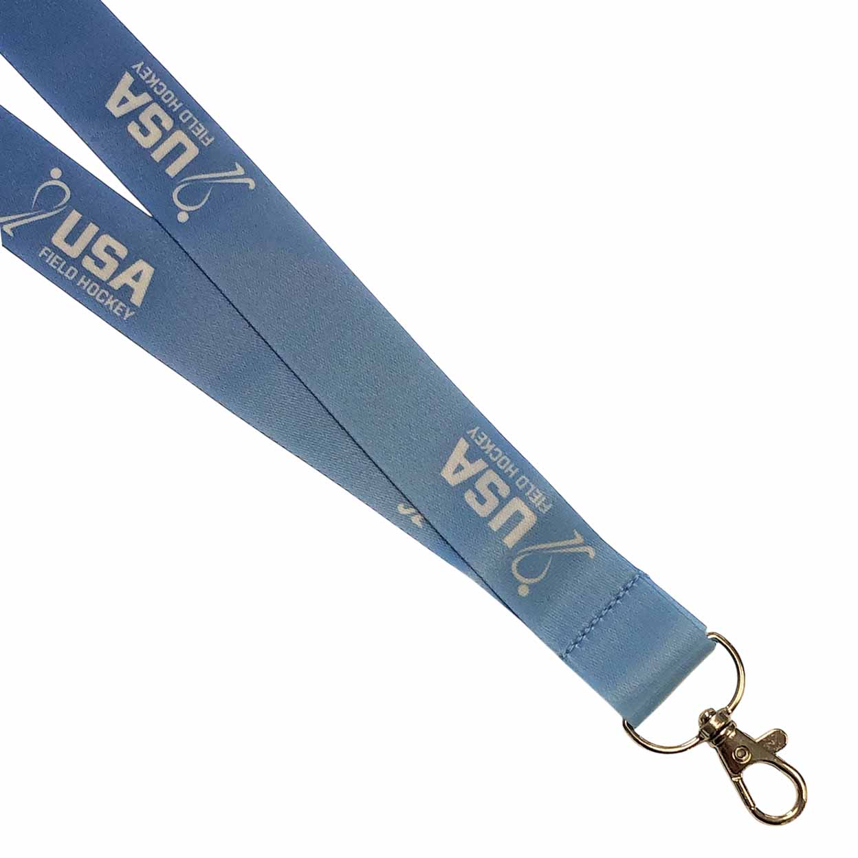 Blue lanyard with 'USA Field Hockey' text on a white background