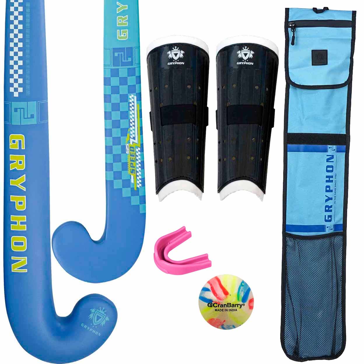 Hockey equipment set including a blue stick, black shin guards, a pink mouthguard, a colorful ball, and a blue carrying bag on a white background.