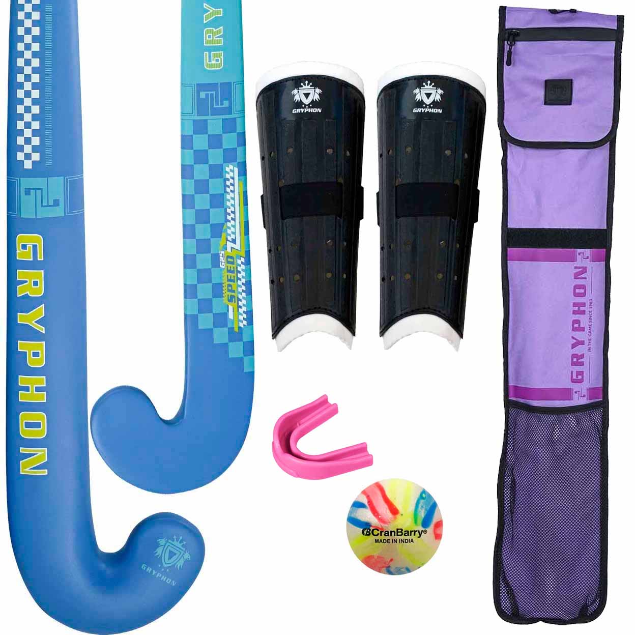 Gryphon hockey equipment set including a stick, shin guards, a ball, and a carrying bag on a white background.
