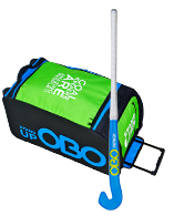 Shows an OBO goalie stick leaning against an OBO goalkeeper equipment bag.