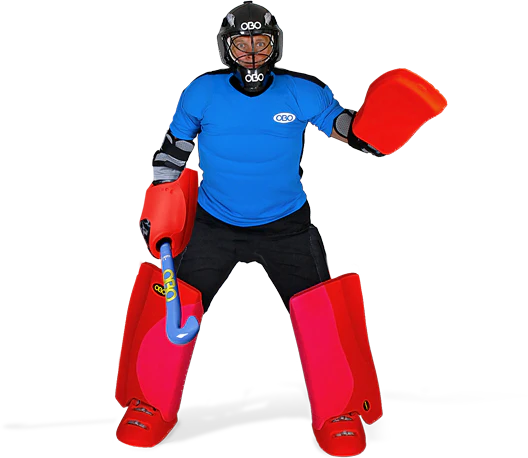 OBO Goalkeeper in full OBO foam, helmet, jersey and holding OBO goalie stick.