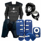 Collection of hockey protective gear including a chest protector, helmet, shin guards, and gloves on a white background.