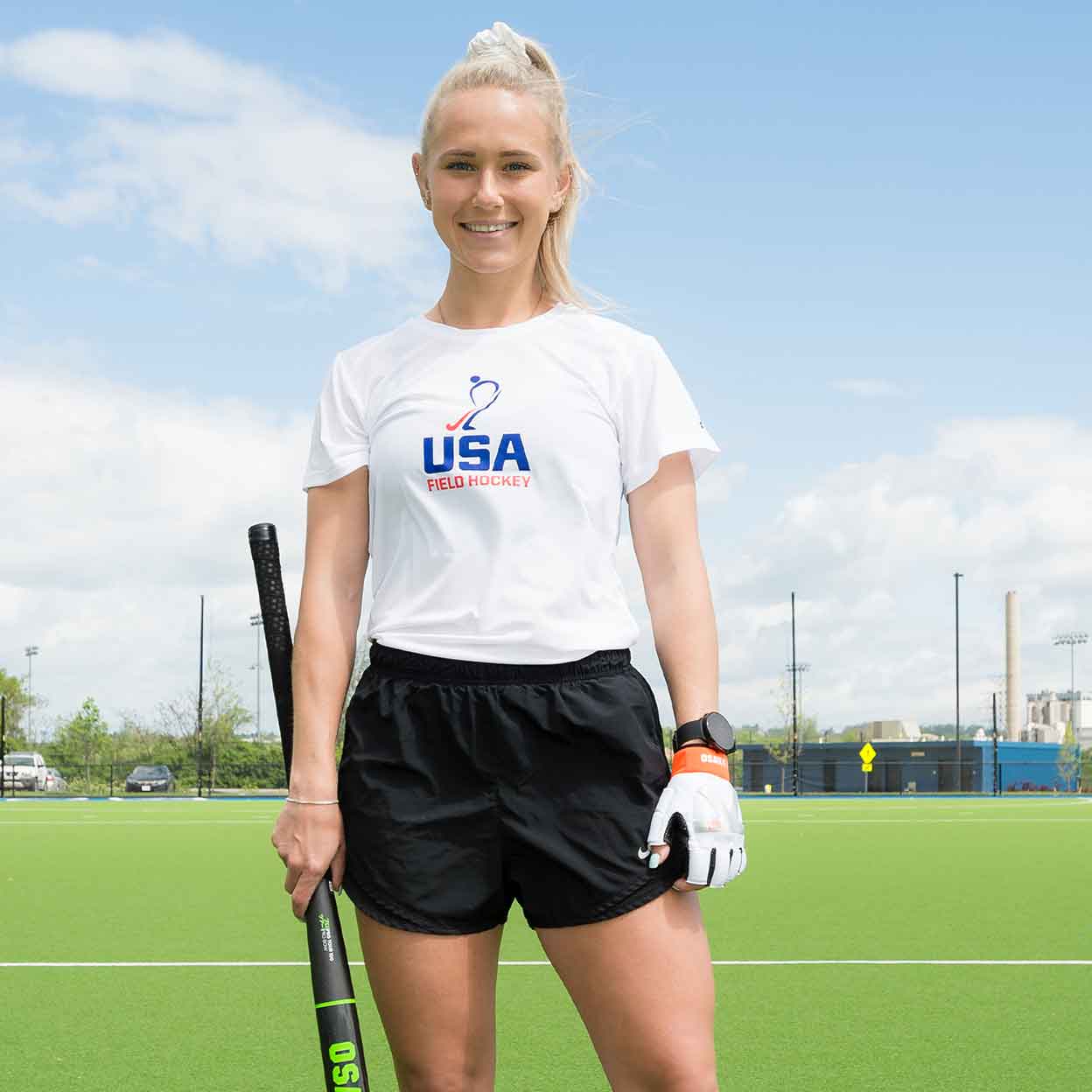 Field hockey player wearing a USA Field Hockey Performance Tee