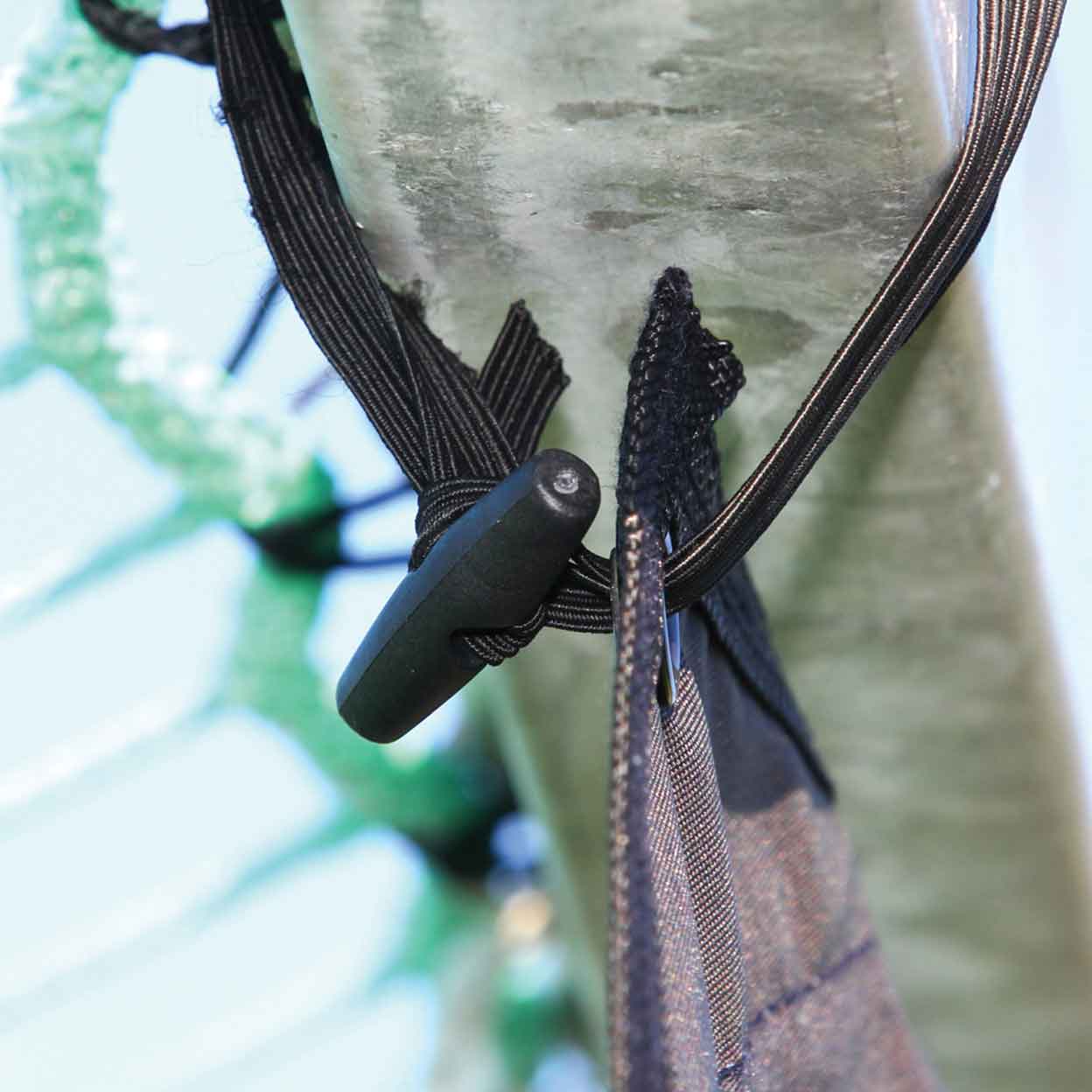 close up of the bungee to attach the The Blockstar Shooting Target to a goal.