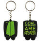 front and back of the black and green OBO Mini Legguards Keychain