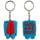 front and back of the blue and red OBO Mini Legguards Keychain