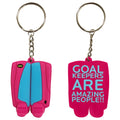 front and back of the pink and blue OBO Mini Legguards Keychain