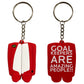 front and back of the red and white OBO Mini Legguards Keychain