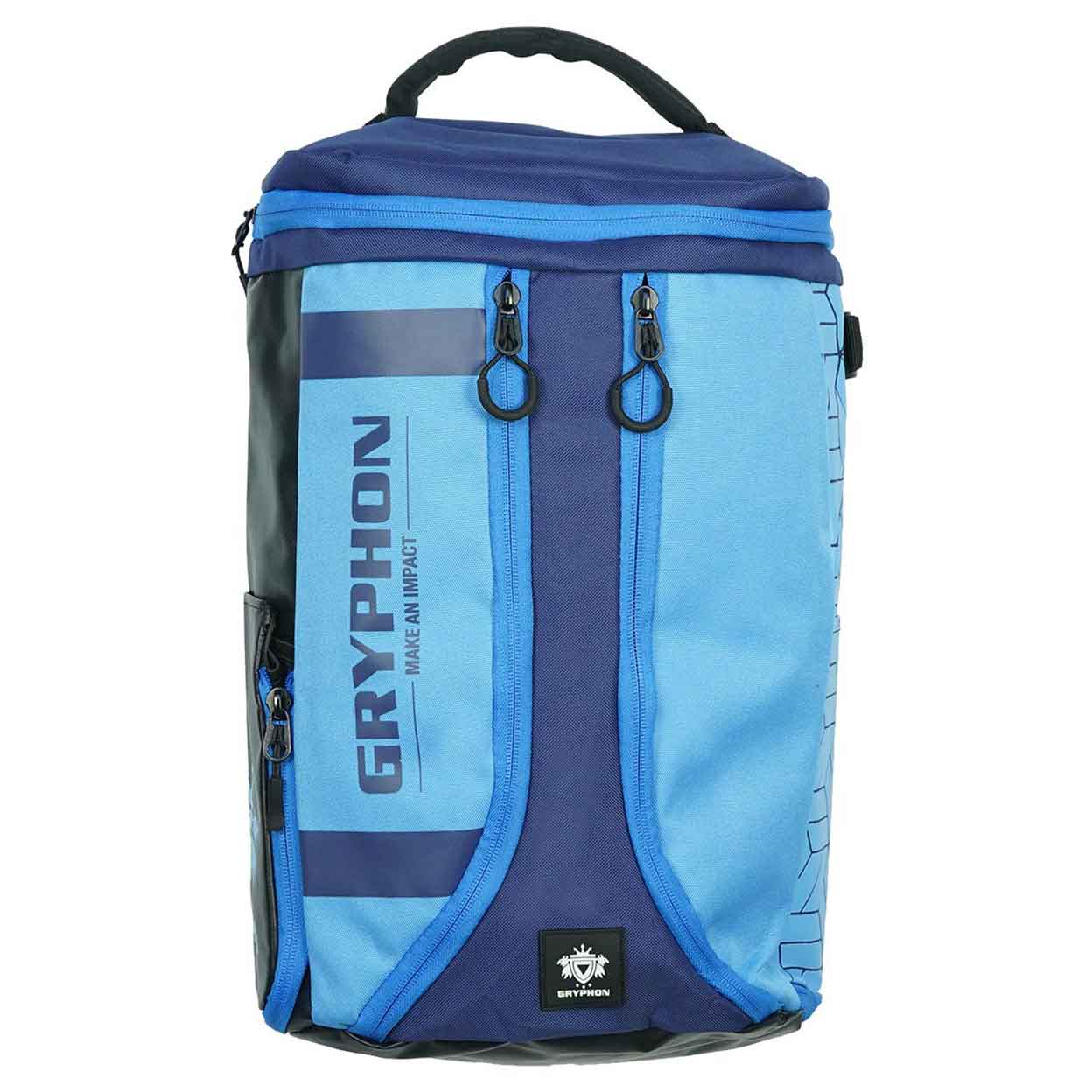 front of the light blue Gryphon Mini Freddie Backpack