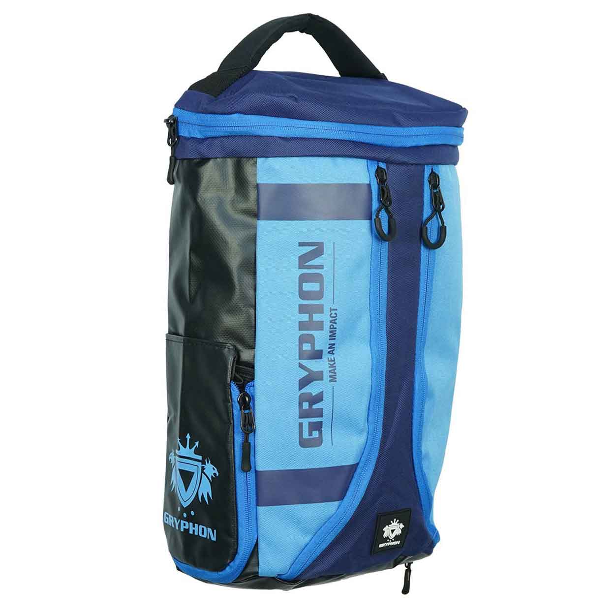 right side view of the blue Gryphon Mini Freddie Backpack