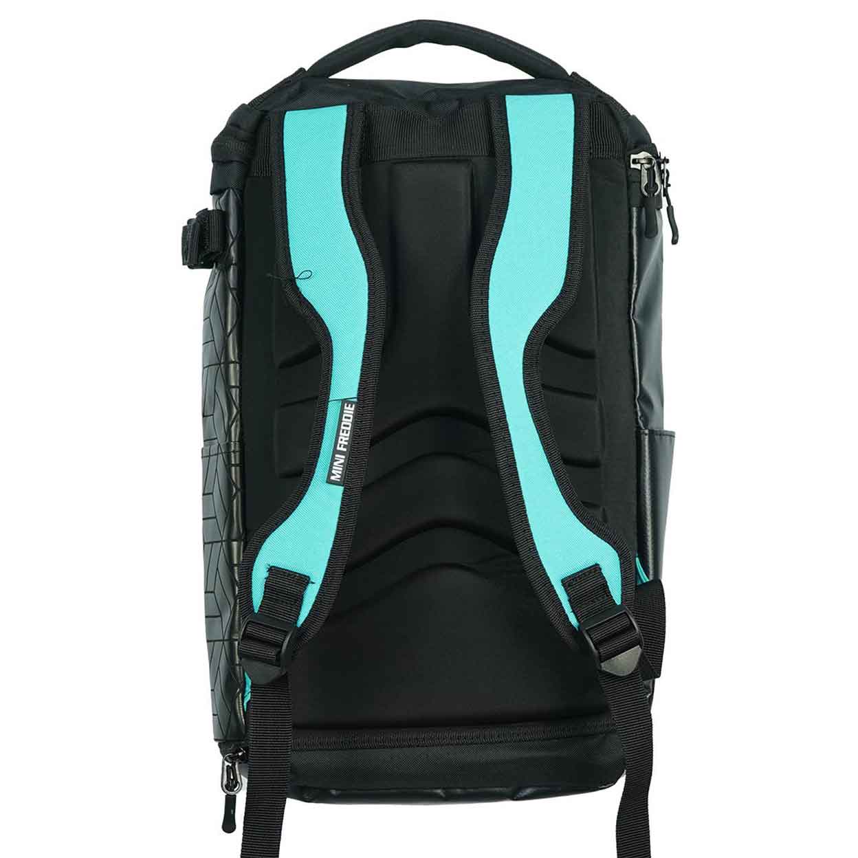back of the teal and black Gryphon Mini Freddie Backpack
