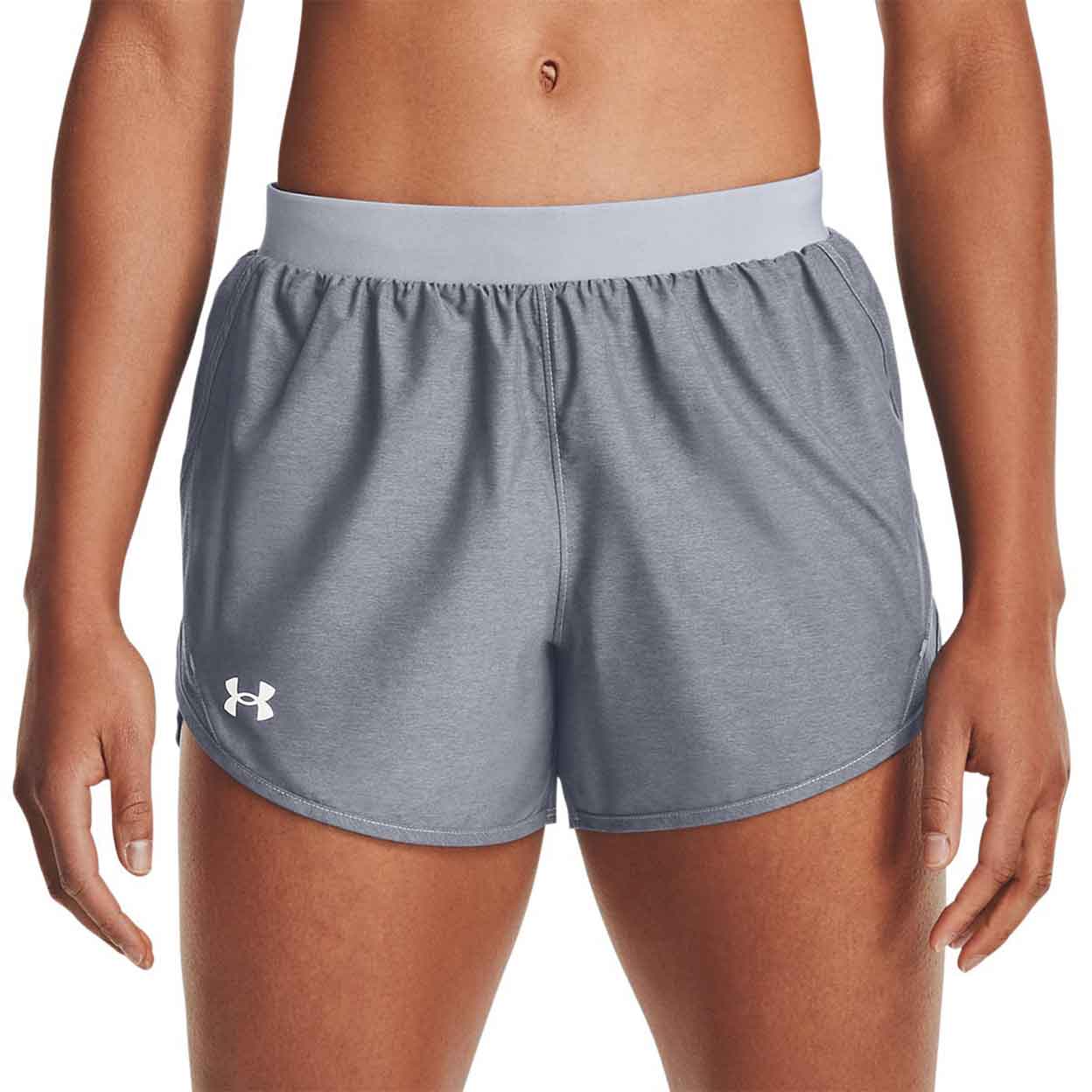 Model wearing grey Under Armour Women'S Fly By 2.0 Shorts with hands at their sides.