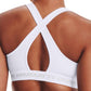 Back of a model wearing the white Under Armour Crossback Mid Bra.