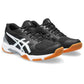 angled front view of a pair of black Asics Gel-Rocket 11 Indoor Shoes