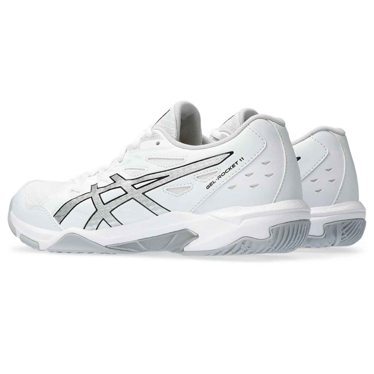 angled back view of a pair of white Asics Gel-Rocket 11 Indoor Shoes