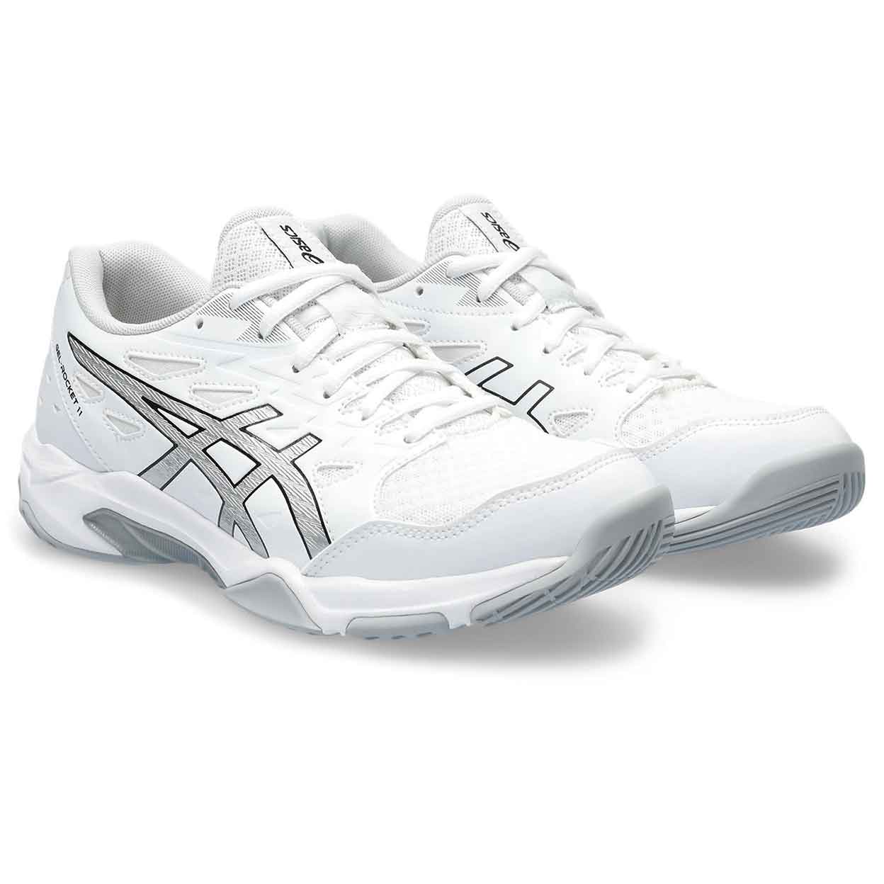 angled front view of a pair of white Asics Gel-Rocket 11 Indoor Shoes