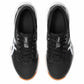 Tops of the black ASICS Gel-Rocket 12 indoor court shoes with white accents on a white background