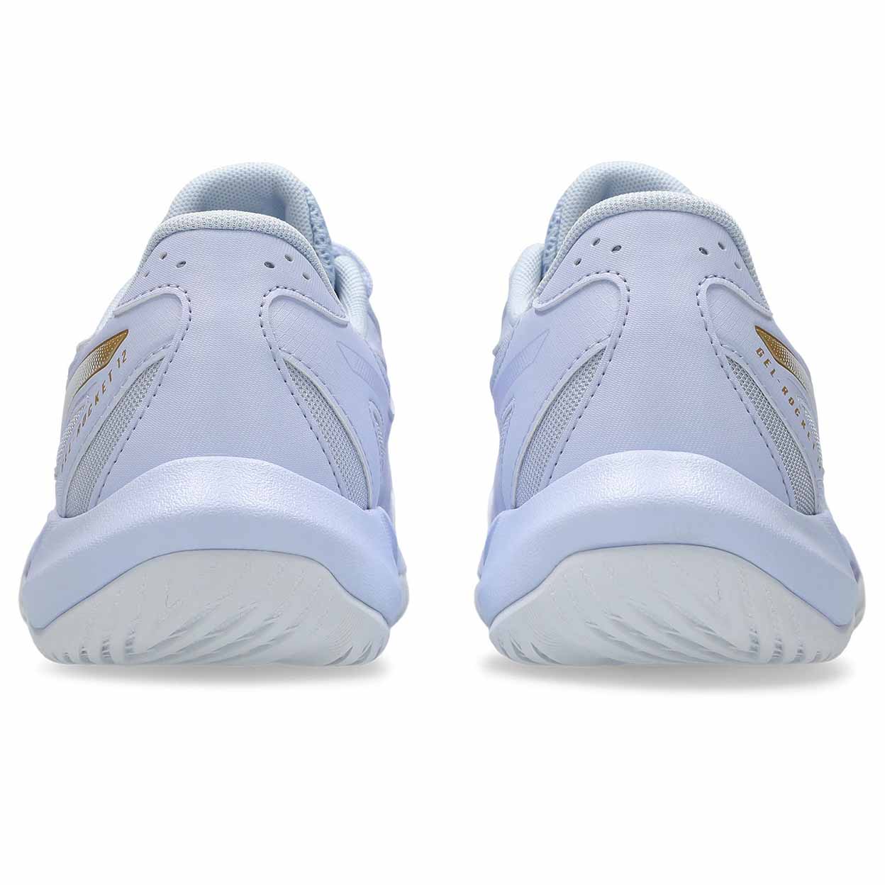 Light blue athletic shoes with a brand logo on a white background