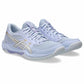 Light blue ASICS Gel-Rocket 12 indoor court shoes for field hockey with a gold logo on a white background