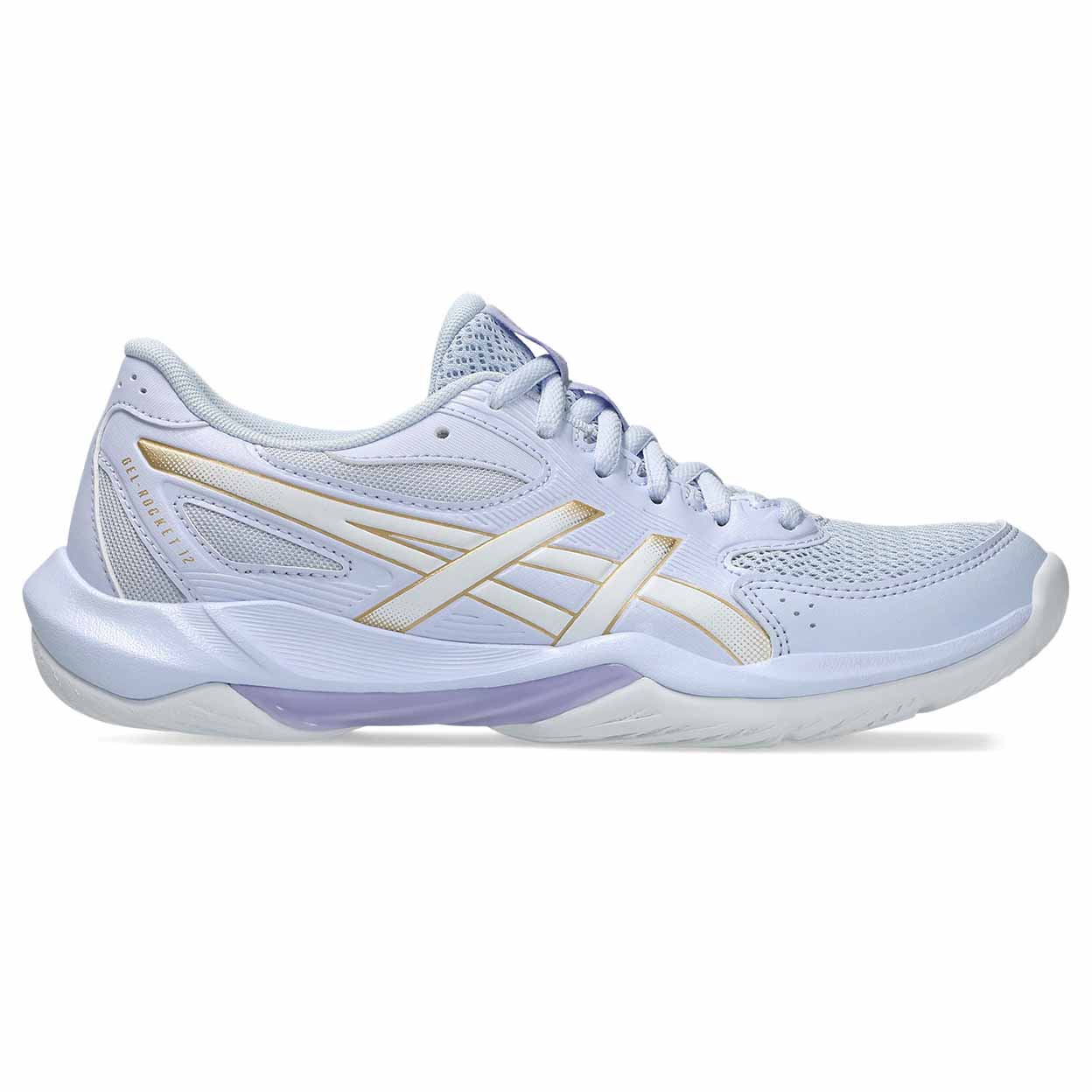 Light blue ASICS Gel-Rocket 12 indoor court shoes with a gold logo on a white background