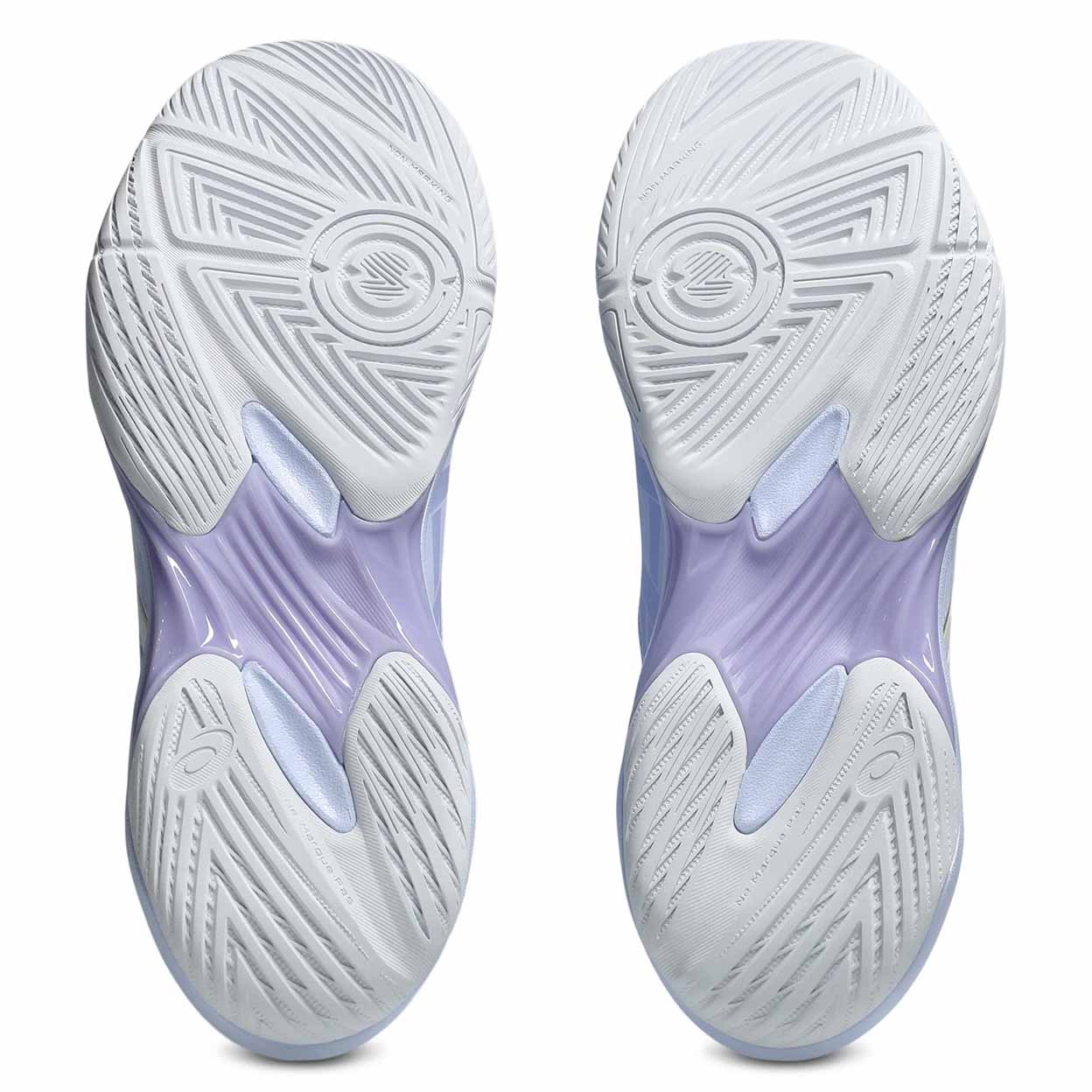 Close-up of non-marking sole on a pair of white and purple ASICS Gel-Rocket athletic shoes with tread pattern on a white background. 