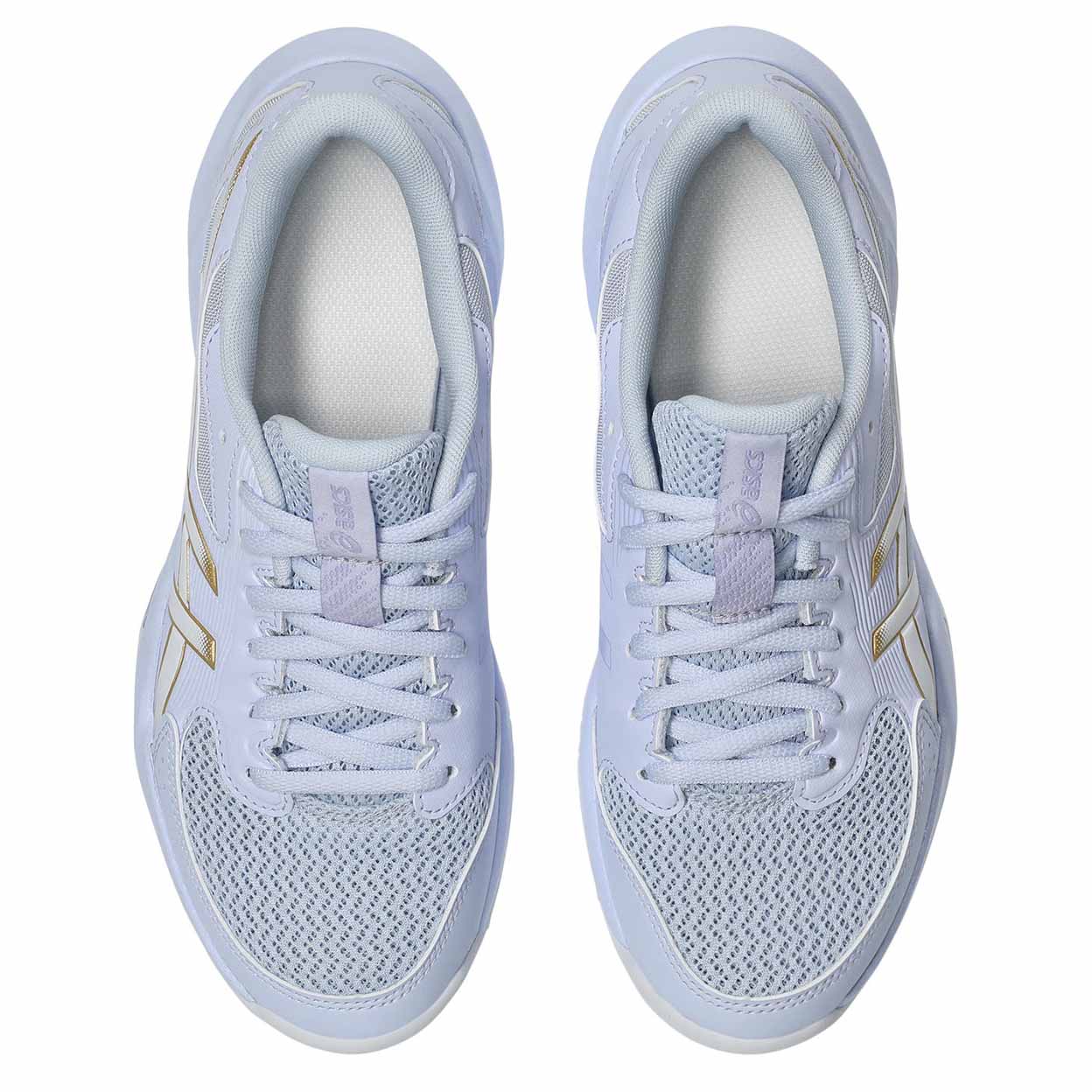 Pair of light blue lightweight ASICS shoes for field hockey with gold accents on a white background.