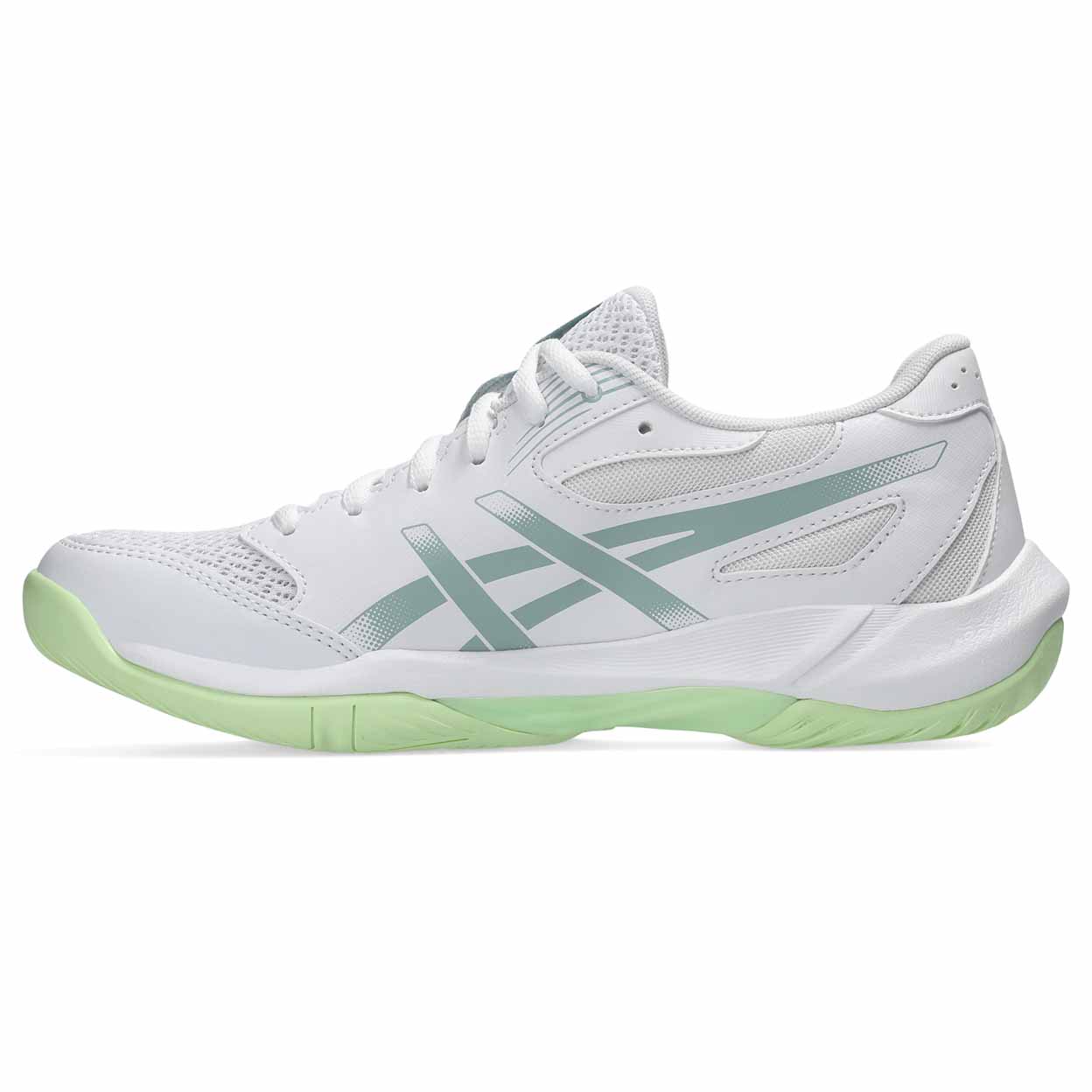 A white athletic sneaker with mint green accents, featuring the signature ASICS stripe design on the side, white laces, and a light green outsole, shown against a plain white background.