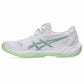 A white athletic sneaker with mint green accents, featuring the signature ASICS stripe design on the side, white laces, and a light green outsole, shown against a plain white background.